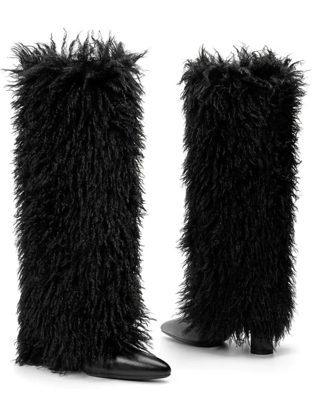 Women's Black Fur Stylish Fashion Pointed Toe Side Zipper Fold Over Tall Boots